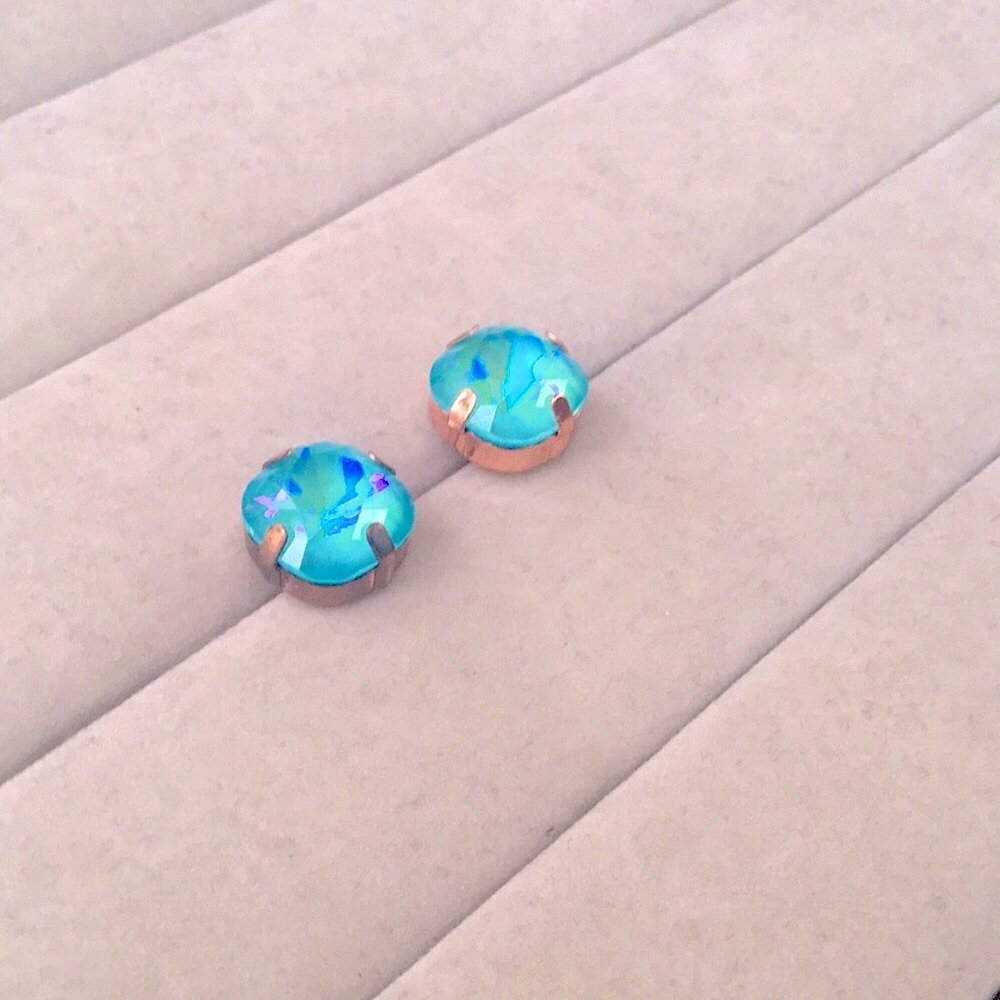 Aquamarine Aurora Borealis + Rose Gold Cushion Cut Crystal Earrings - Picture 3 of 5